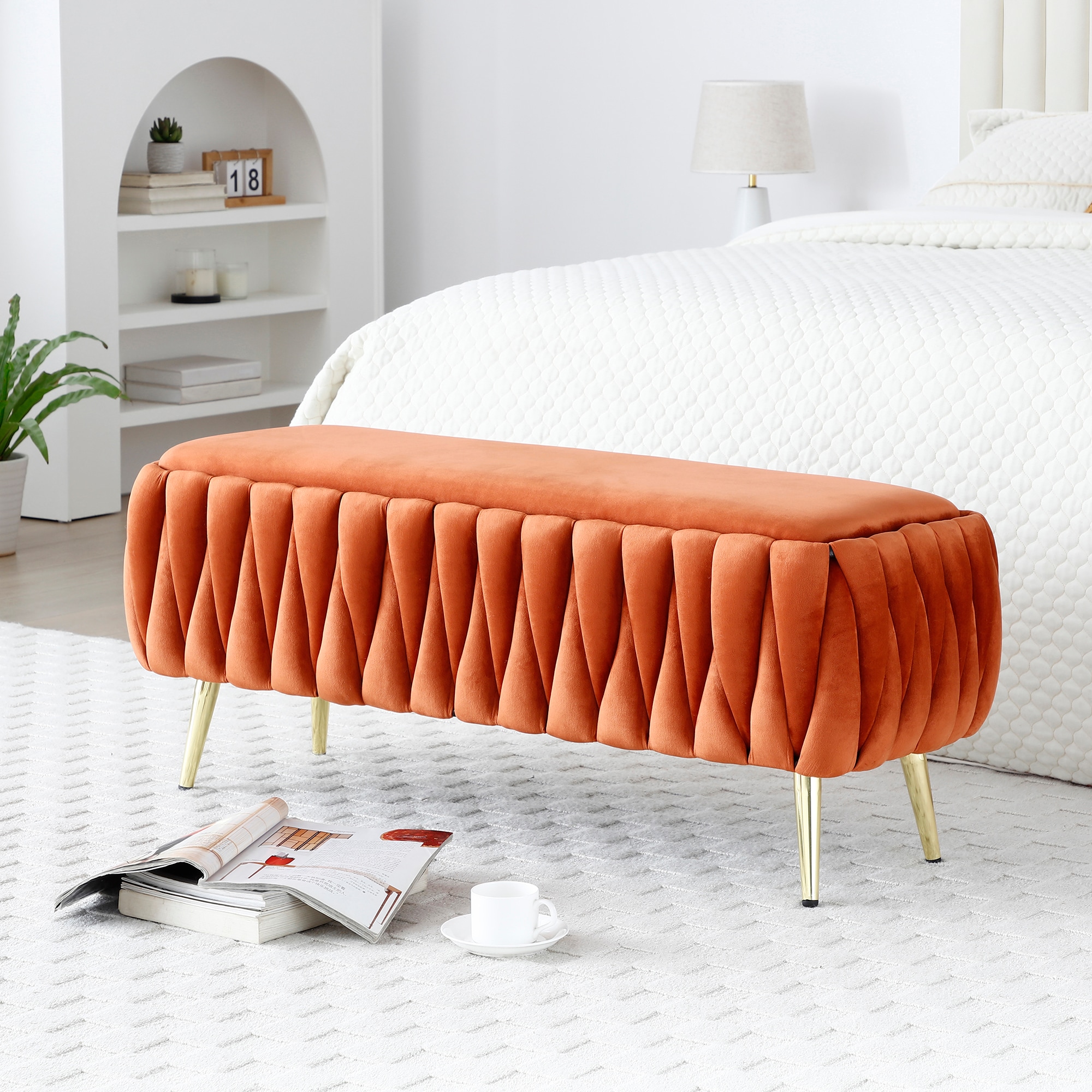 Oval Storage Bench With Gold Legs,Velvet Fabric ,Woven,Upholstered Ottoman Storage Benches For Bedroom End Of Bed,Sherpa Fabric Bench For Living Room,Dining Room,Entryway,Bed Side,Orange,5 Colors_voghion.com